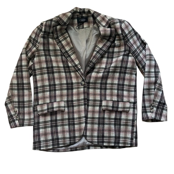 Cider Retro Plaid Pattern Blazer Womens Size Small Camel Brown Pink Oversized - Picture 2 of 5